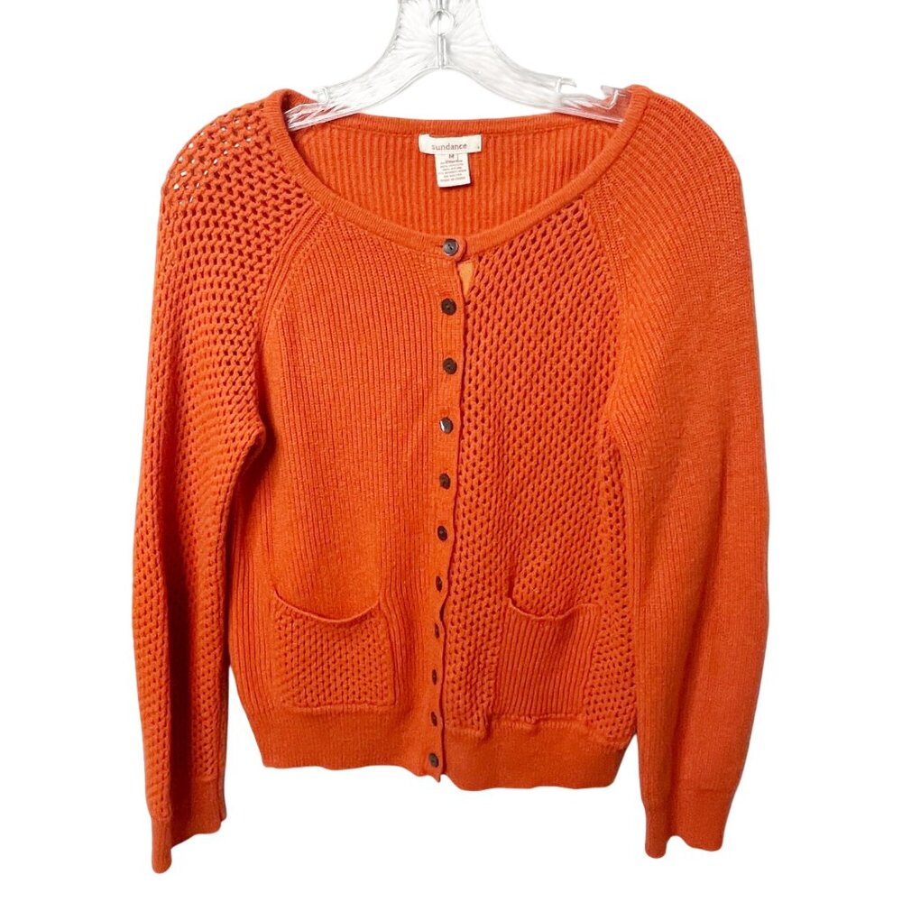 Sundance Sweater Women's MRabbit Hair Blend Orange ButtonCardigan Open Knit
